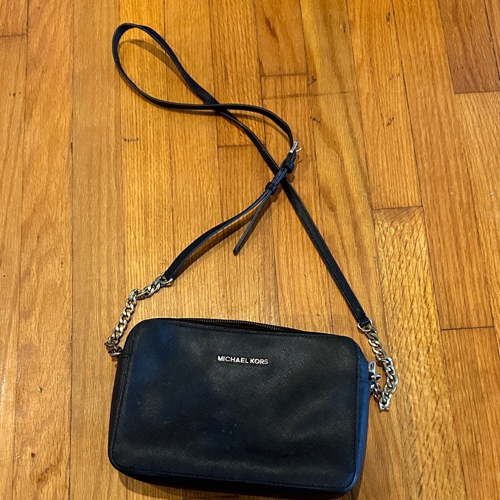Michael Kors Black Leather Crossbody with Chain Detail